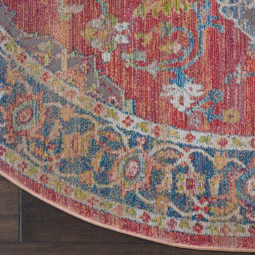 4' Blue and Red Floral Medallion Distressed Non Skid Round Rug Photo 4