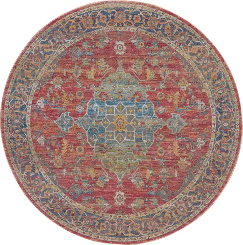 4' Blue and Red Floral Medallion Distressed Non Skid Round Rug Photo 2