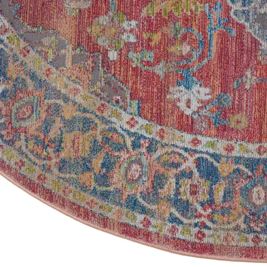 4' Blue and Red Floral Medallion Distressed Non Skid Round Rug Photo 9