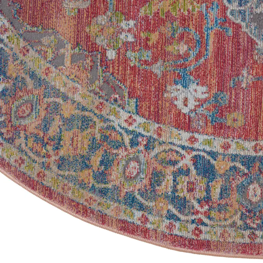 4' Blue and Red Floral Medallion Distressed Non Skid Round Rug Photo 9