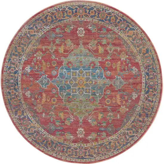4' Blue and Red Floral Medallion Distressed Non Skid Round Rug Photo 1