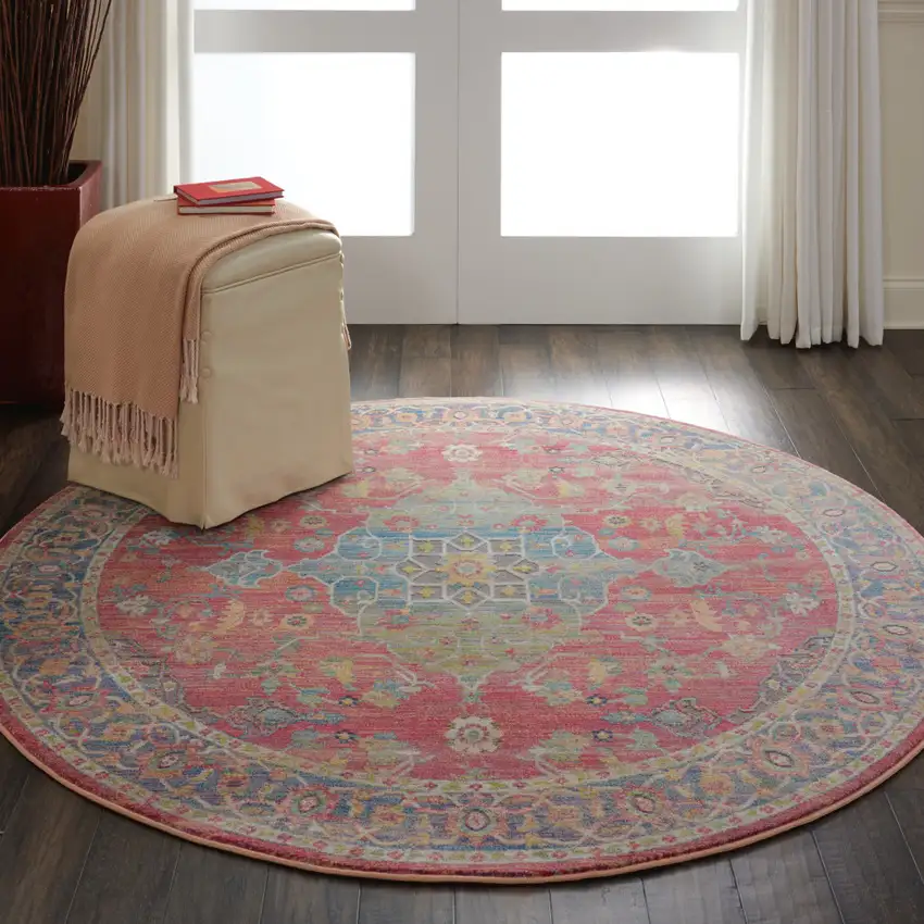 4' Blue and Red Floral Medallion Distressed Non Skid Round Rug Photo 5