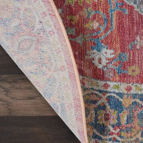 4' Blue and Red Floral Medallion Distressed Non Skid Round Rug Photo 8