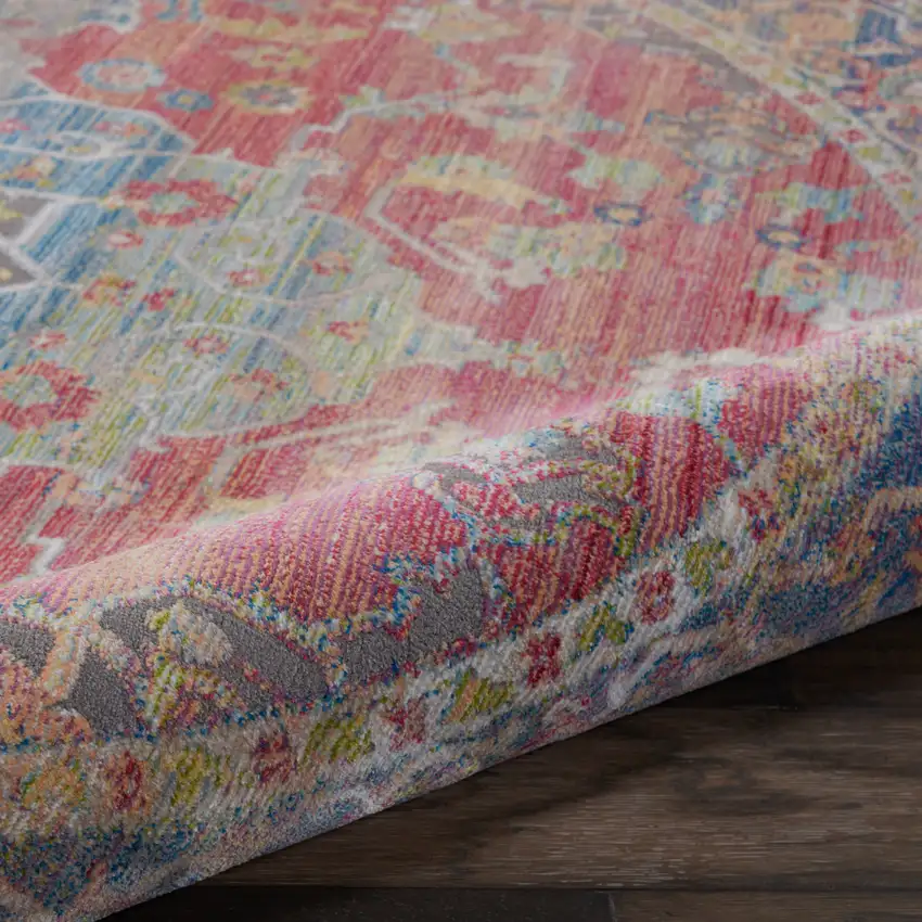 4' Blue and Red Floral Medallion Distressed Non Skid Round Rug Photo 8