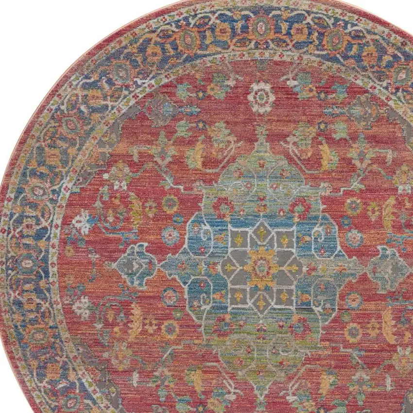 4' Blue and Red Floral Medallion Distressed Non Skid Round Rug Photo 4