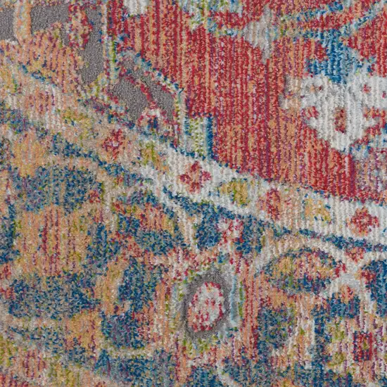 4' Blue and Red Floral Medallion Distressed Non Skid Round Rug Photo 9