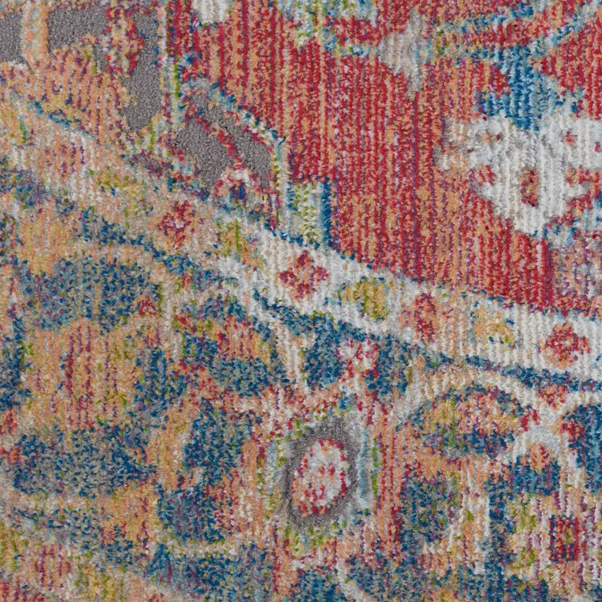 4' Blue and Red Floral Medallion Distressed Non Skid Round Rug Photo 9