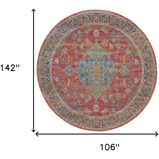 4' Blue and Red Floral Medallion Distressed Non Skid Round Rug Photo 3
