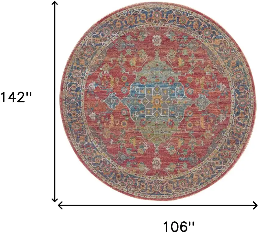 4' Blue and Red Floral Medallion Distressed Non Skid Round Rug Photo 3