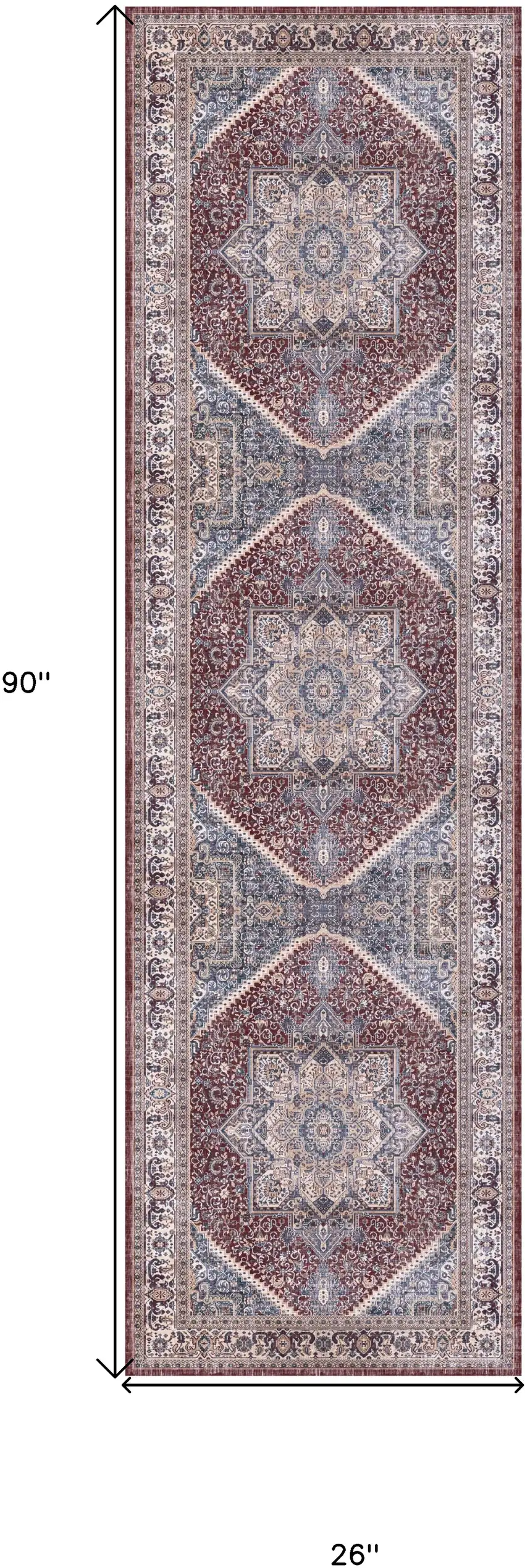 8' Blue and Red Floral Medallion Distressed Non Skid Runner Rug Photo 3
