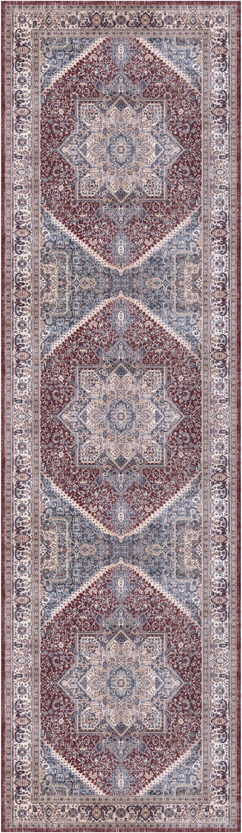 8' Blue and Red Floral Medallion Distressed Non Skid Runner Rug Photo 2