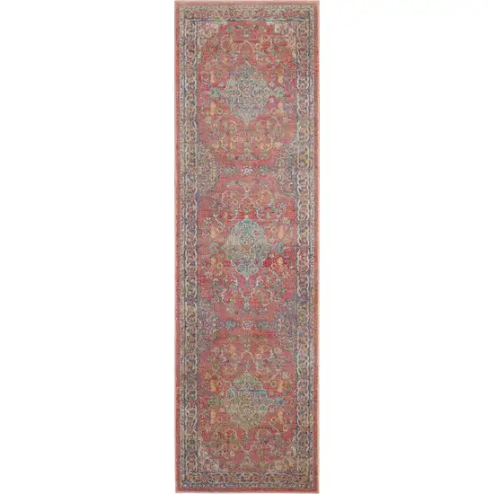 8' Blue and Red Floral Medallion Distressed Non Skid Runner Rug Photo 1