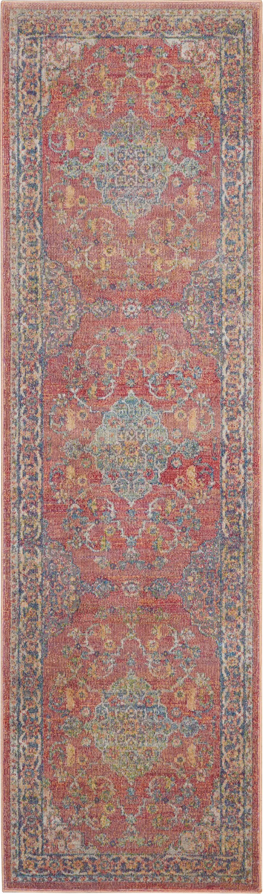 8' Blue and Red Floral Medallion Distressed Non Skid Runner Rug Photo 1