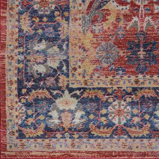 8' Blue and Red Floral Medallion Distressed Non Skid Runner Rug Photo 6