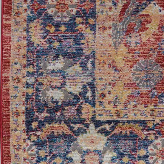 8' Blue and Red Floral Medallion Distressed Non Skid Runner Rug Photo 3