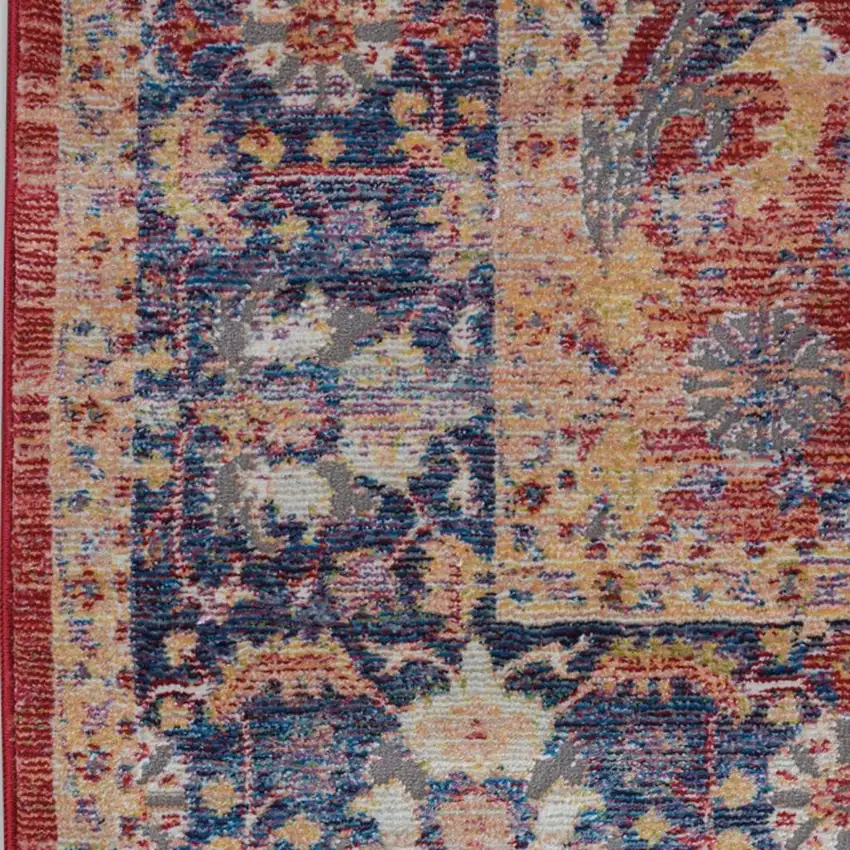 8' Blue and Red Floral Medallion Distressed Non Skid Runner Rug Photo 3