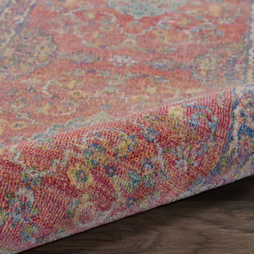 8' Blue and Red Floral Medallion Distressed Non Skid Runner Rug Photo 7