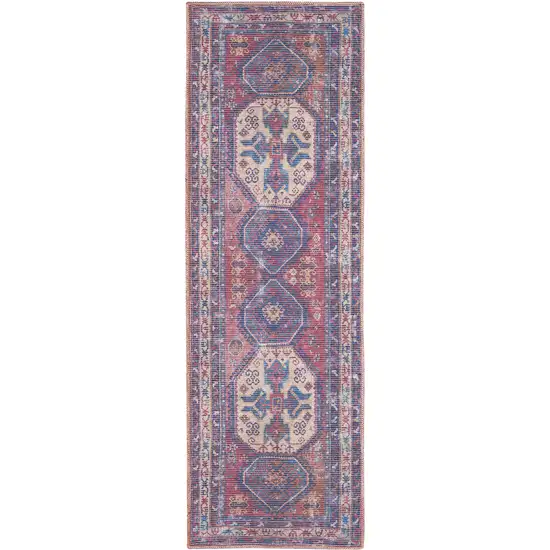 10' Blue and Red Floral Power Loom Distressed Washable Runner Rug Photo 1