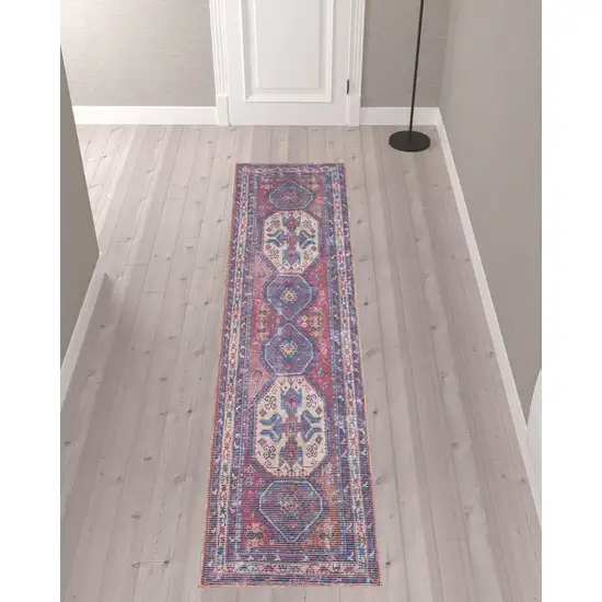 10' Blue and Red Floral Power Loom Distressed Washable Runner Rug Photo 2