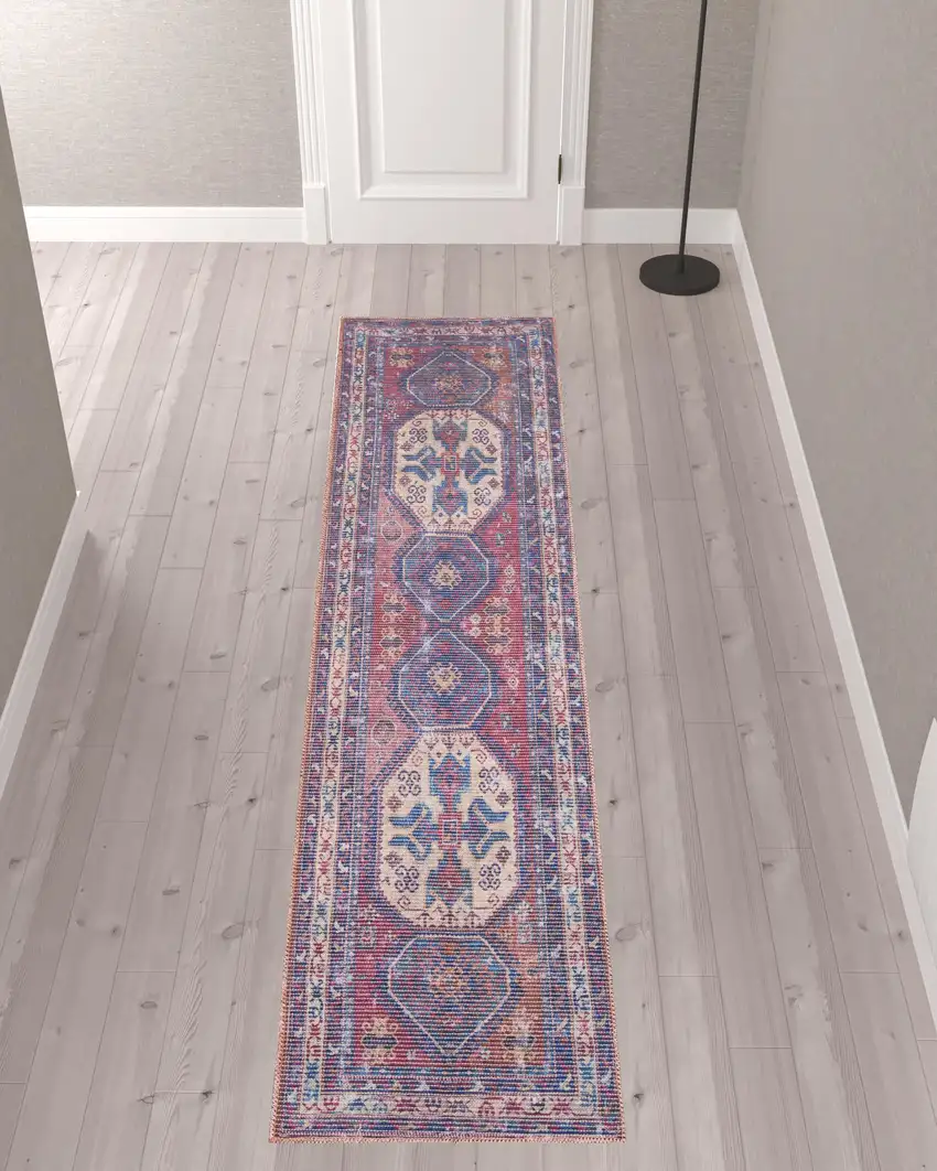 10' Blue and Red Floral Power Loom Distressed Washable Runner Rug Photo 2
