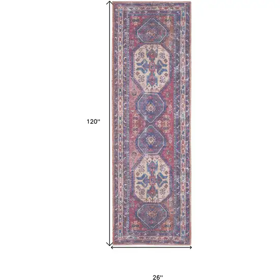 10' Blue and Red Floral Power Loom Distressed Washable Runner Rug Photo 8