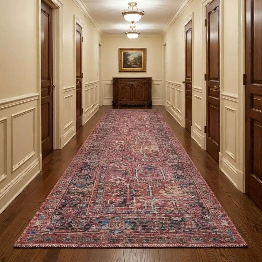 10' Blue and Red Floral Power Loom Distressed Washable Runner Rug Photo 1