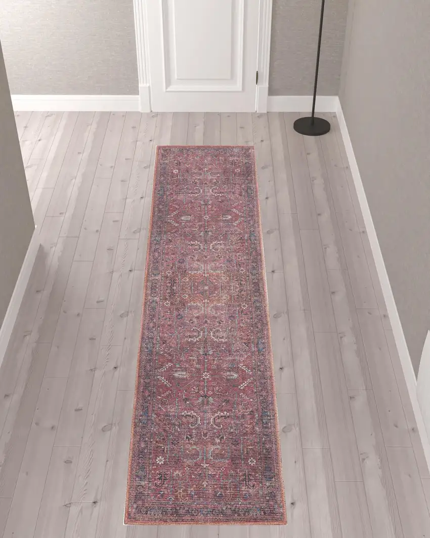 10' Blue and Red Floral Power Loom Distressed Washable Runner Rug Photo 3