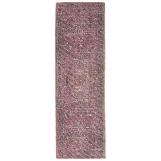 10' Blue and Red Floral Power Loom Distressed Washable Runner Rug Photo 2