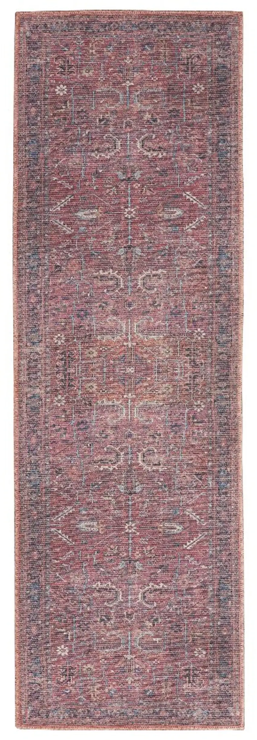 10' Blue and Red Floral Power Loom Distressed Washable Runner Rug Photo 2