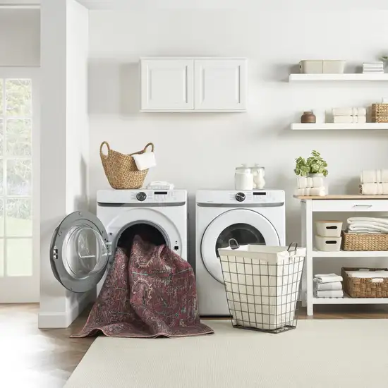 8' Blue and Red Floral Power Loom Distressed Washable Runner Rug Photo 5