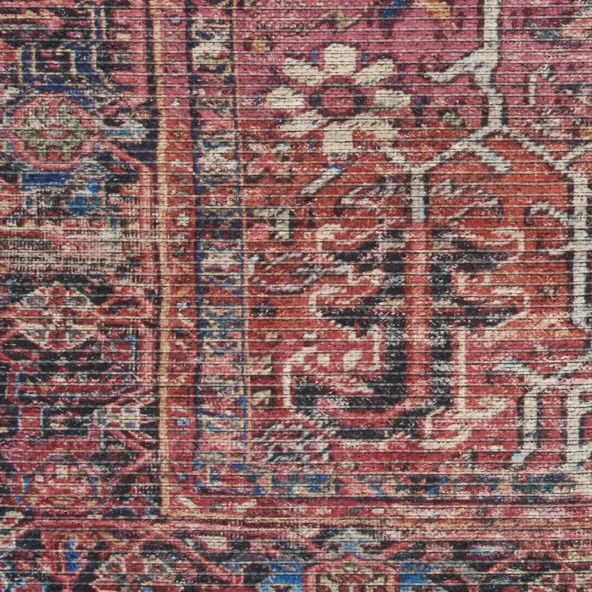 8' Blue and Red Floral Power Loom Distressed Washable Runner Rug Photo 7