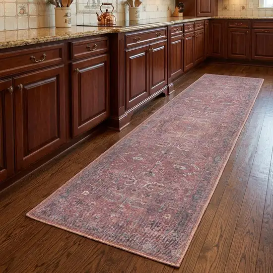 8' Blue and Red Floral Power Loom Distressed Washable Runner Rug Photo 1