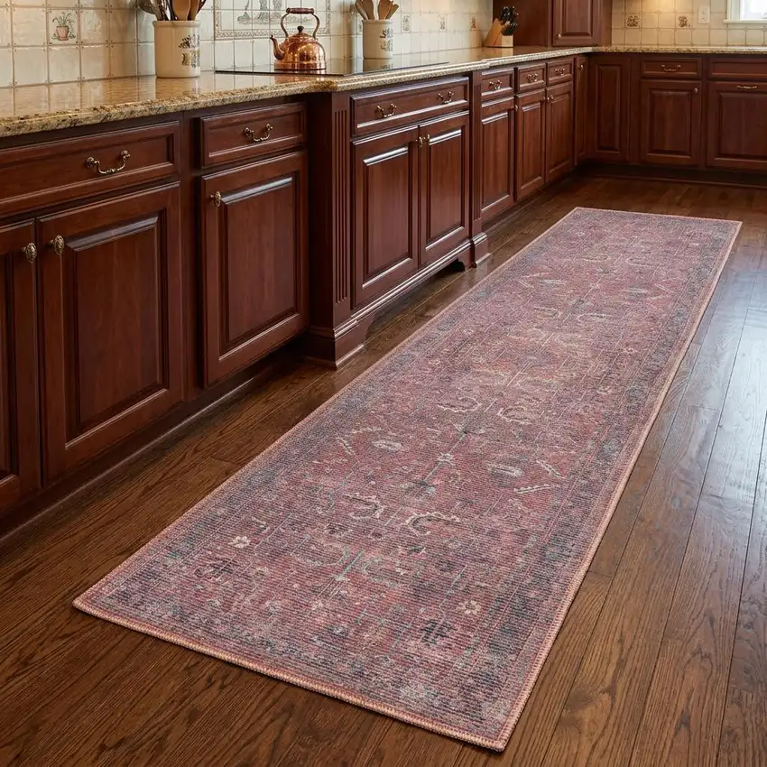 8' Blue and Red Floral Power Loom Distressed Washable Runner Rug Photo 1
