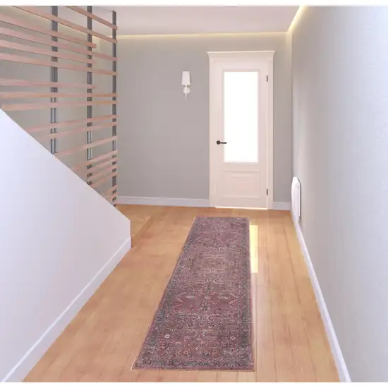 8' Blue and Red Floral Power Loom Distressed Washable Runner Rug Photo 2