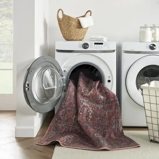 8' Blue and Red Floral Power Loom Distressed Washable Runner Rug Photo 4