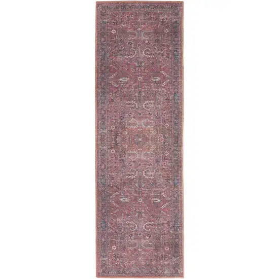 8' Blue and Red Floral Power Loom Distressed Washable Runner Rug Photo 9