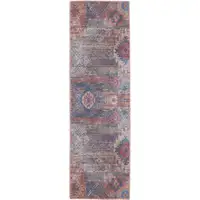 Photo of 8' Blue and Red Geometric Power Loom Distressed Washable Runner Rug
