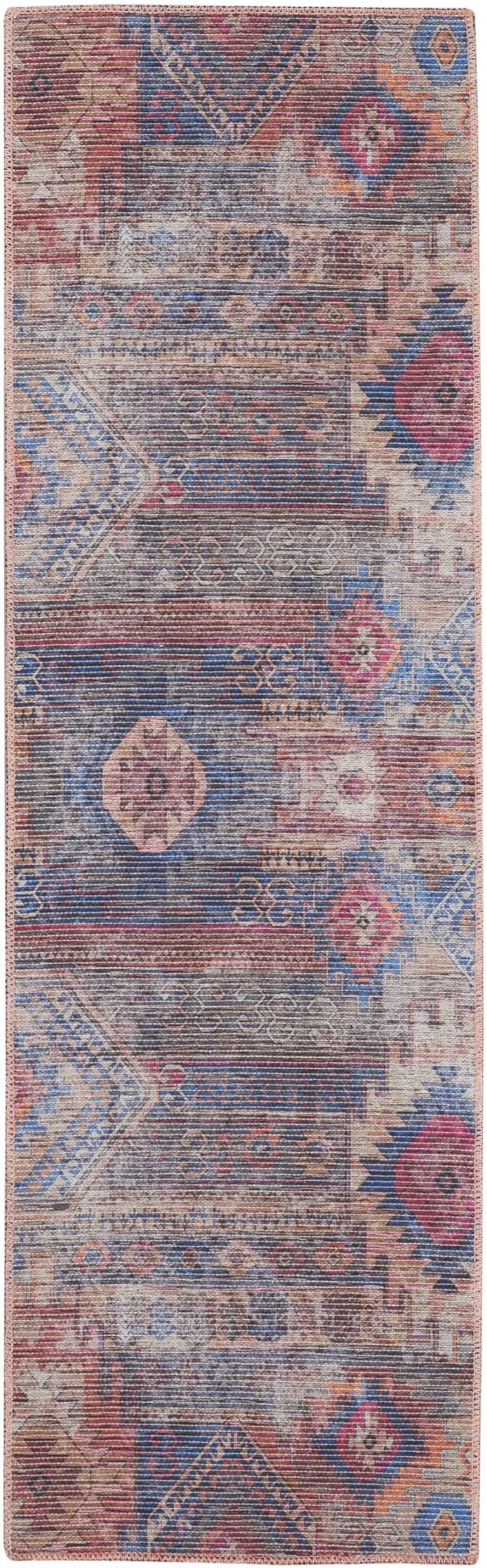 8' Blue and Red Geometric Power Loom Distressed Washable Runner Rug Photo 1