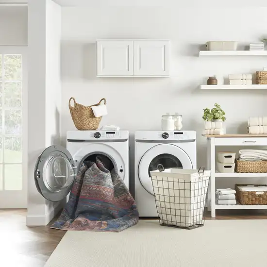 8' Blue and Red Geometric Power Loom Distressed Washable Runner Rug Photo 7