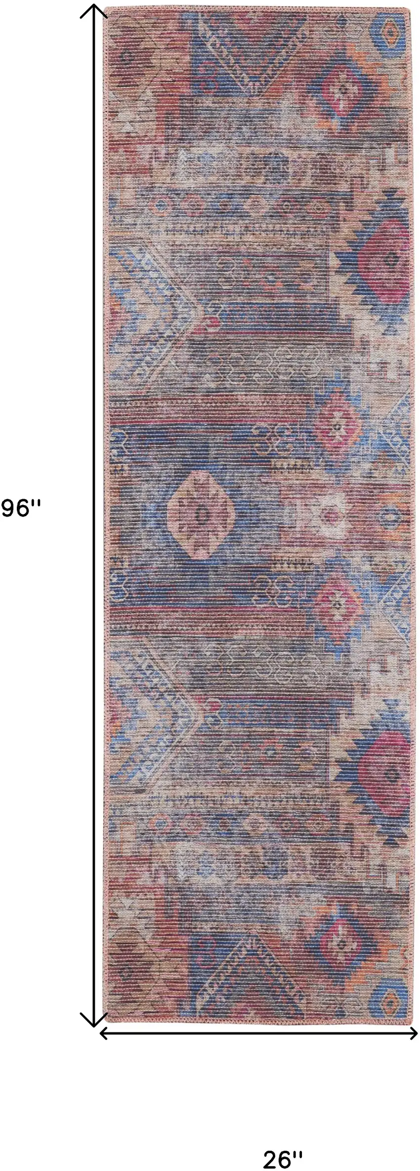 8' Blue and Red Geometric Power Loom Distressed Washable Runner Rug Photo 8