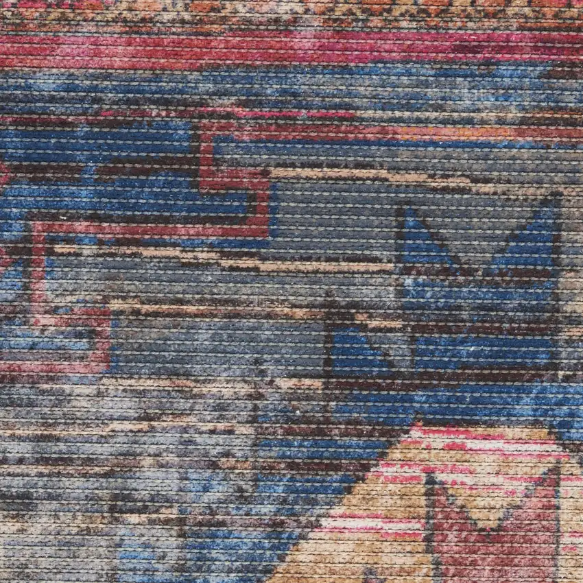 8' Blue and Red Geometric Power Loom Distressed Washable Runner Rug Photo 9