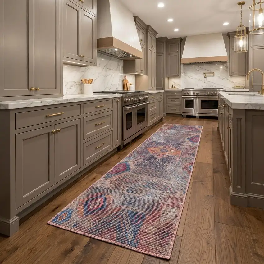 8' Blue and Red Geometric Power Loom Distressed Washable Runner Rug Photo 1