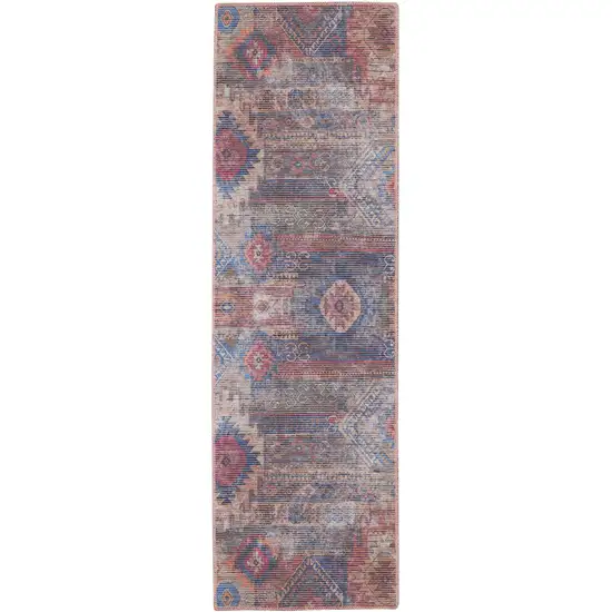 8' Blue and Red Geometric Power Loom Distressed Washable Runner Rug Photo 3