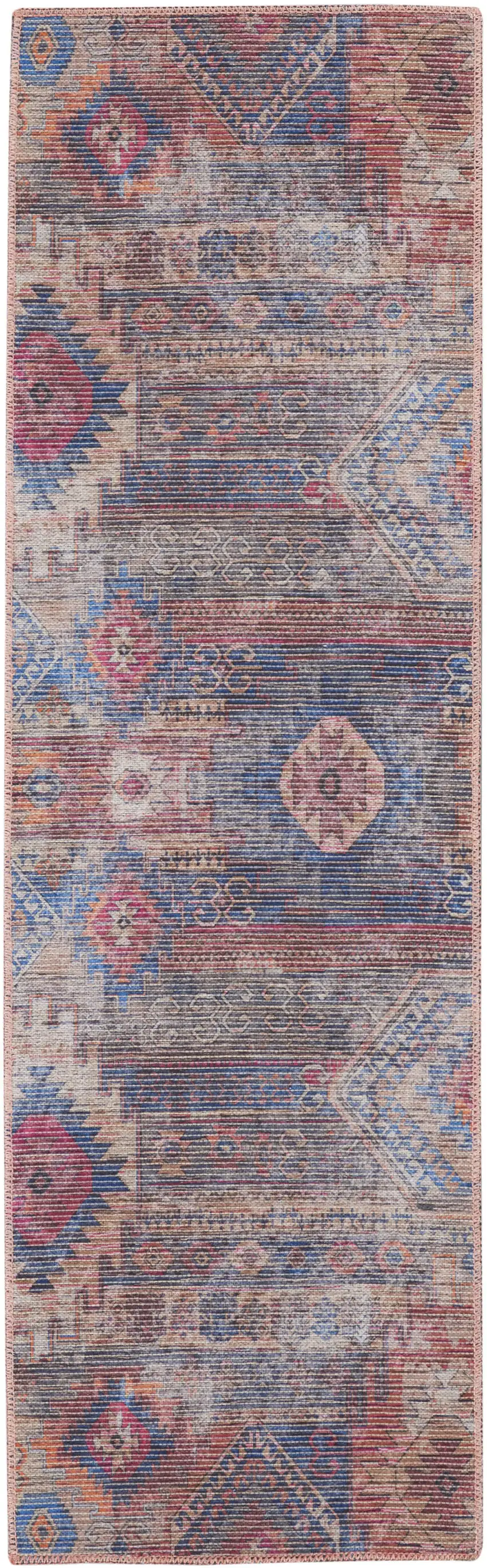 8' Blue and Red Geometric Power Loom Distressed Washable Runner Rug Photo 3