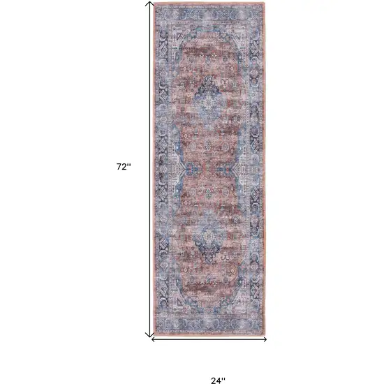 6' Blue and Red Oriental Power Loom Distressed Washable Non Skid Runner Rug Photo 8