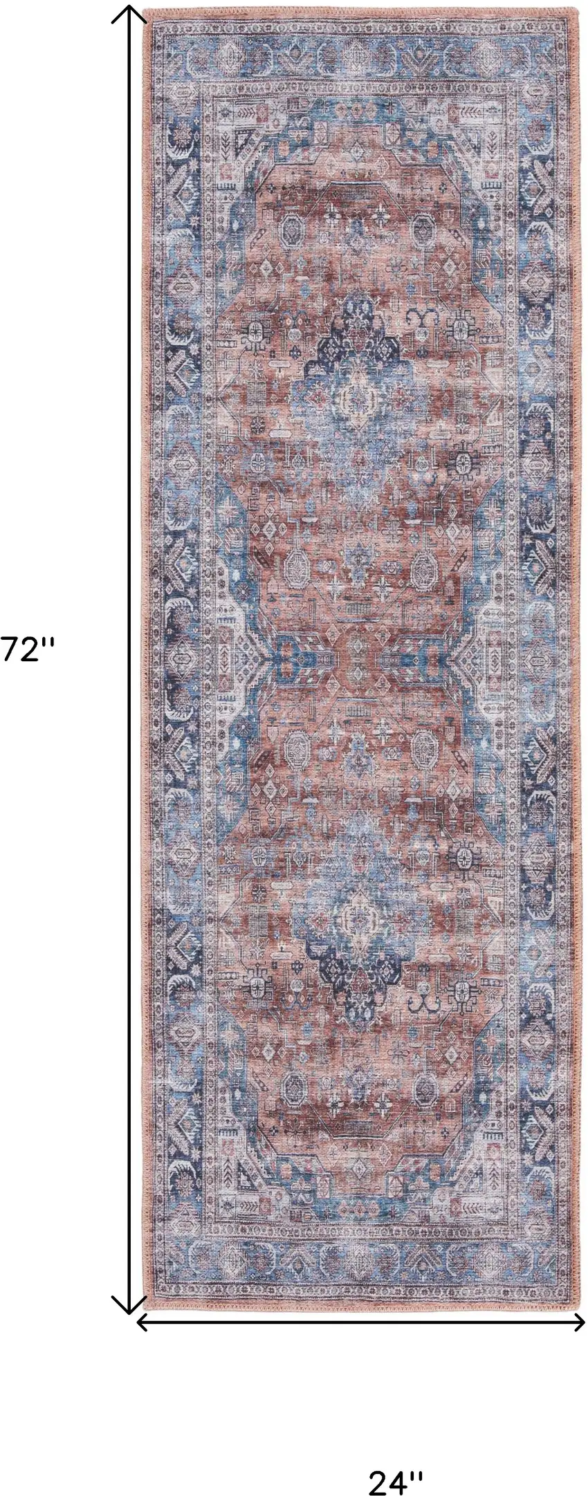 6' Blue and Red Oriental Power Loom Distressed Washable Non Skid Runner Rug Photo 8