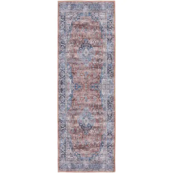 6' Blue and Red Oriental Power Loom Distressed Washable Non Skid Runner Rug Photo 1