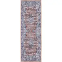 Photo of 6' Blue and Red Oriental Power Loom Distressed Washable Non Skid Runner Rug