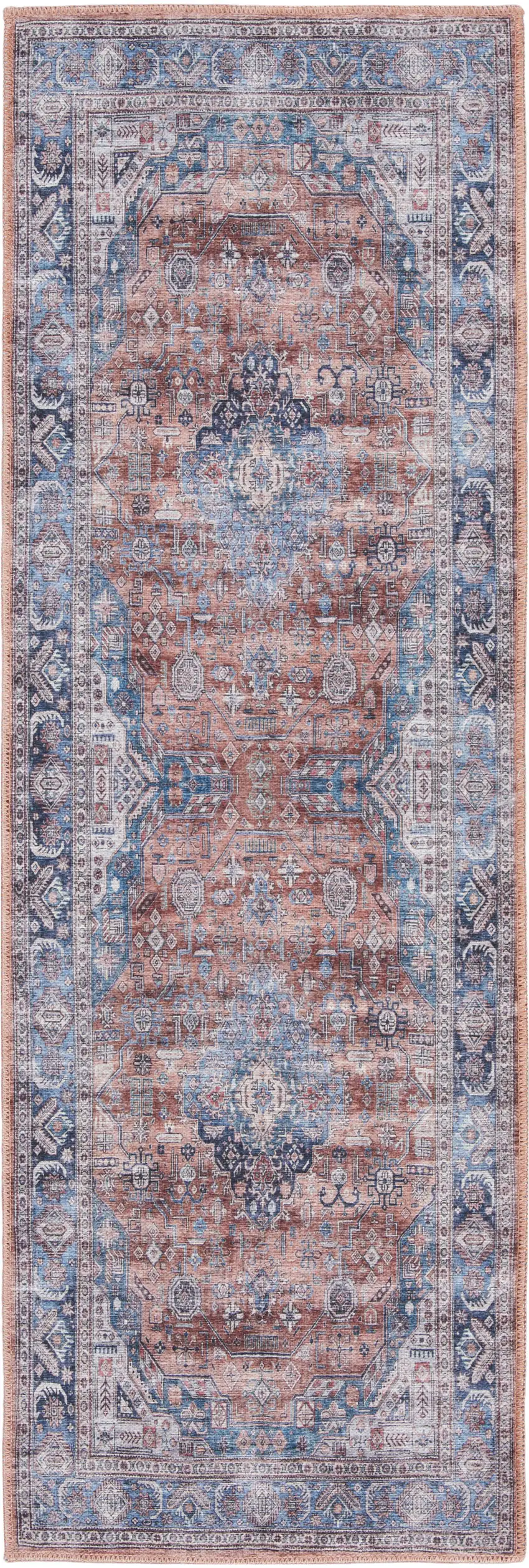 6' Blue and Red Oriental Power Loom Distressed Washable Non Skid Runner Rug Photo 1