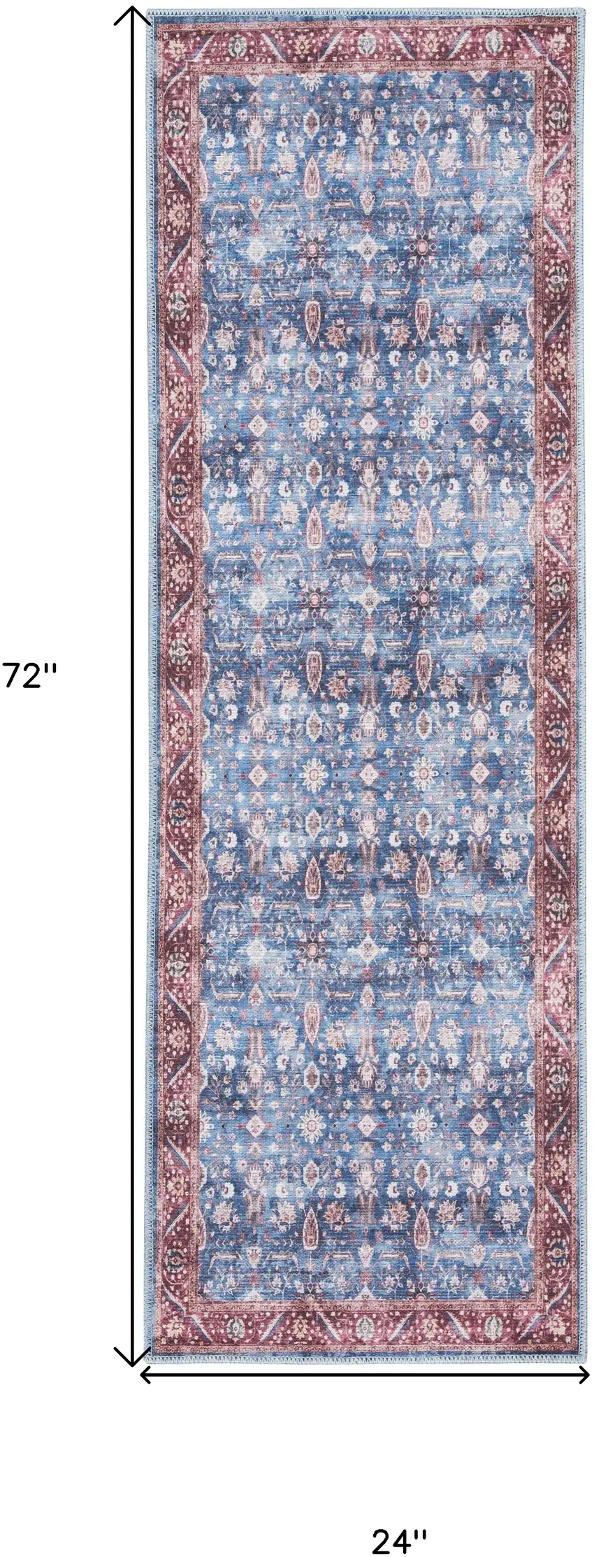 6' Blue and Red Oriental Power Loom Distressed Washable Non Skid Runner Rug Photo 7